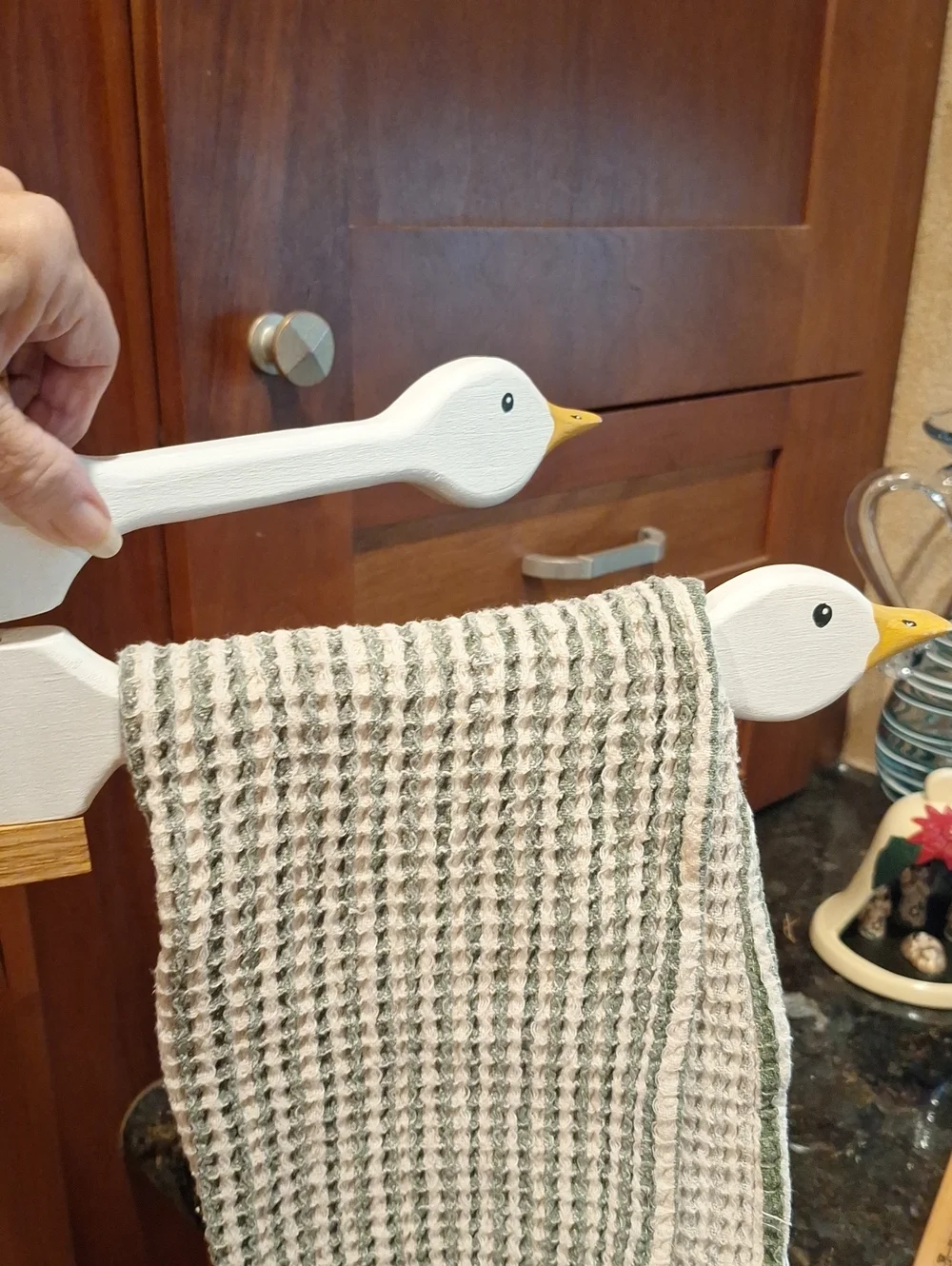 Vtg. Handmade White Wooden Goose Towel Holder with Oak Mount - Home Accents